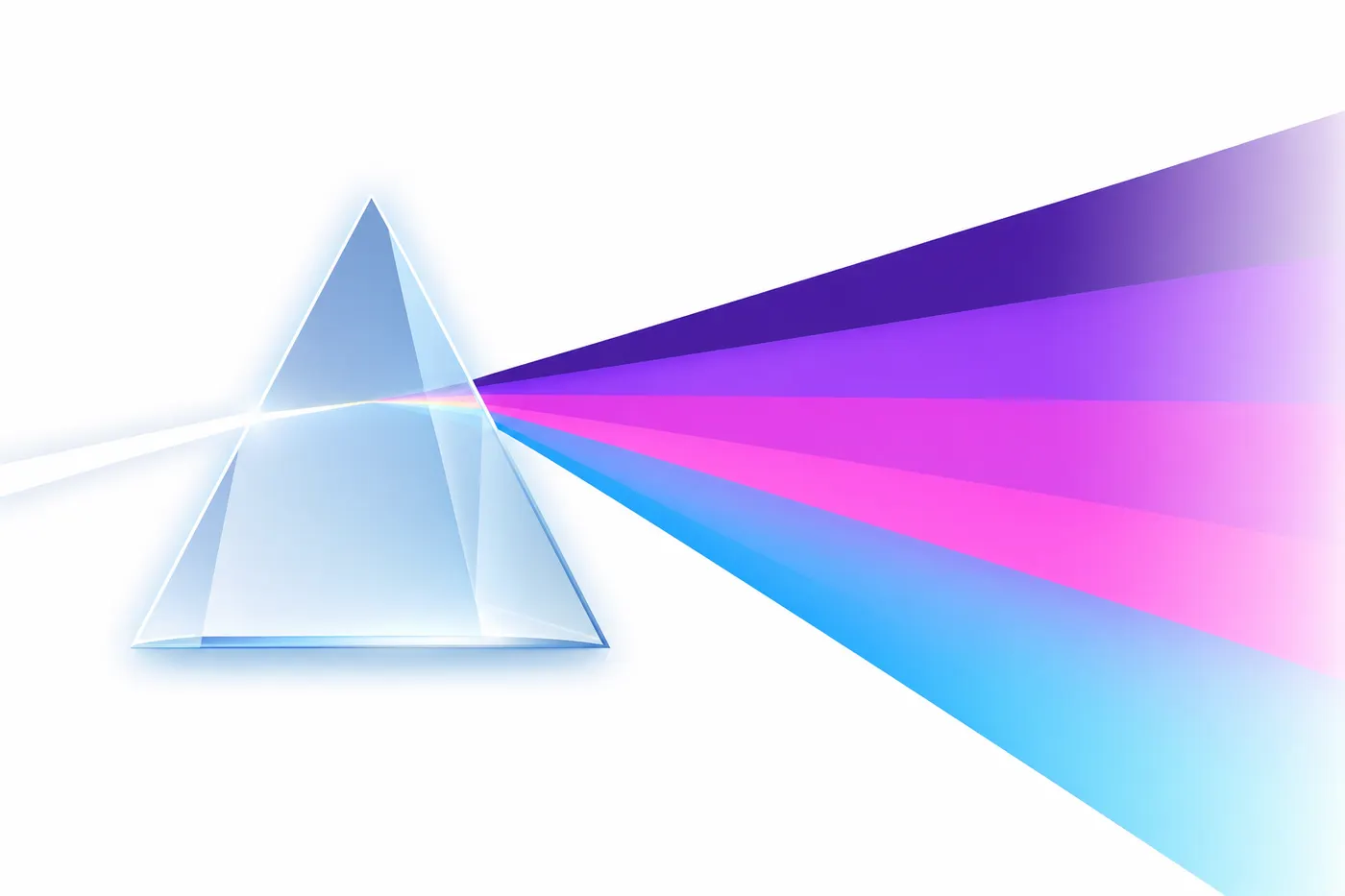 A glass prism splitting a single white beam into a fan of coloured rays