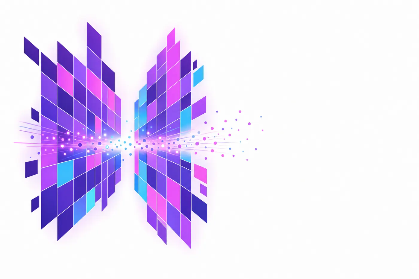 Two interlocking fields of tiles exchanging a stream of particles through a gap